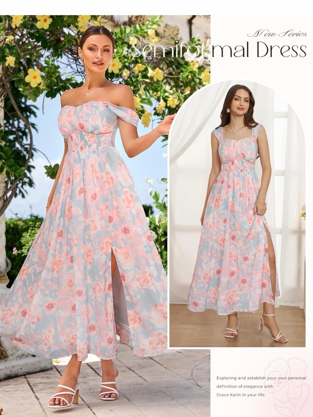 Floral Pastel Maxi Dress - Pink Blue off the shoulder beachy dress